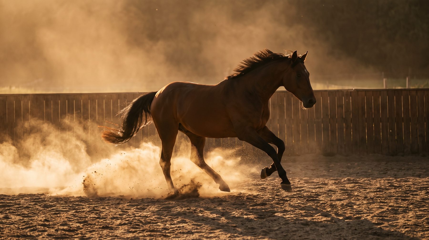 Caballo corriendo en la arena levantando polvo dorado a contraluz